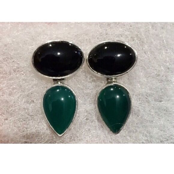 TAXCO Southwest Black Onyx Green Agate Sterling Silver 925  TAXCO Southwest Black Onyx Green Agate Sterling Silver 925 Drop Earrings